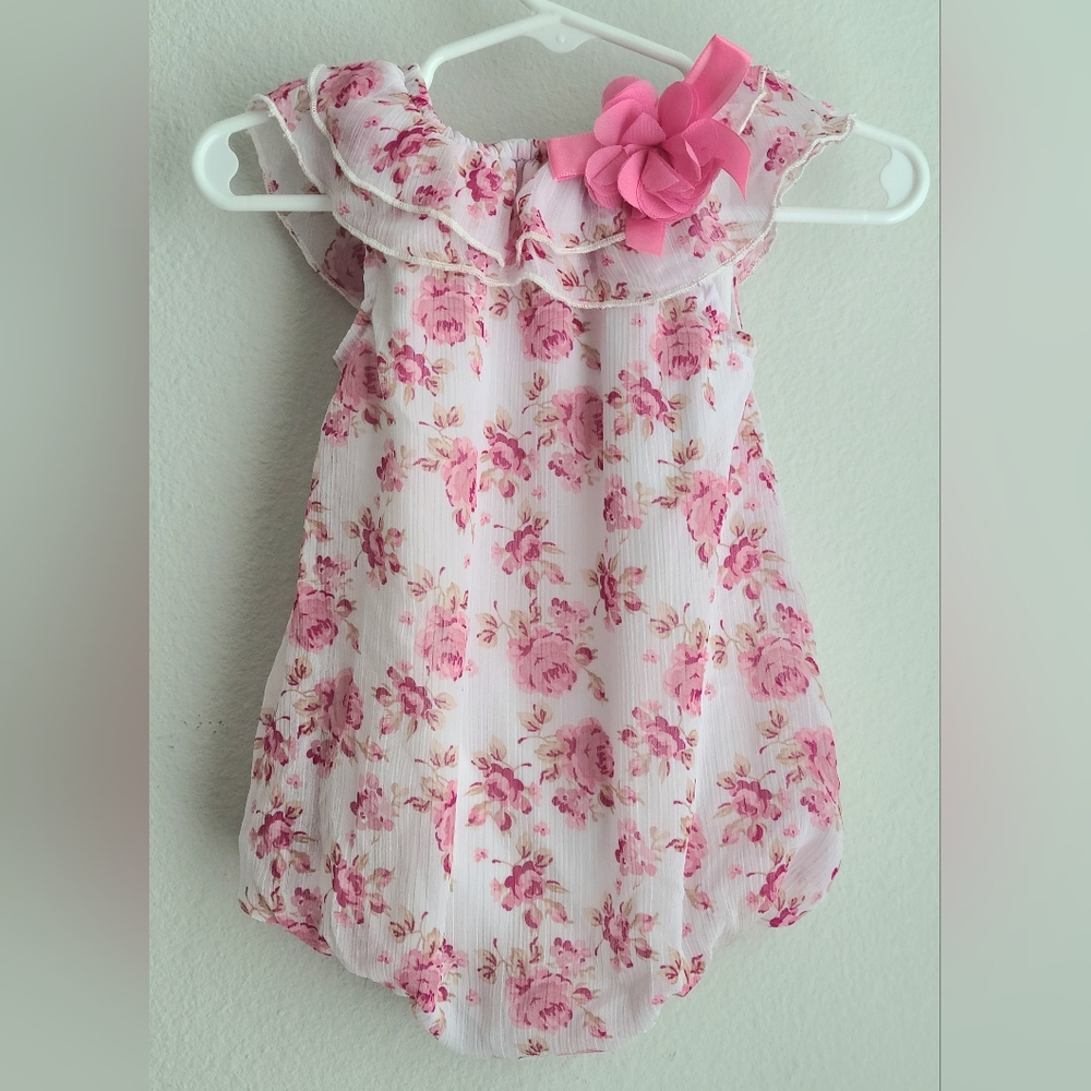 Princess Rose - Girl's Pink Floral Romper Sz 3/6M